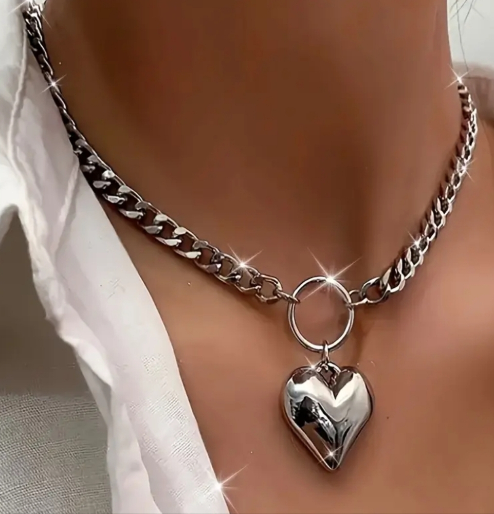 Bold Stainless Steel Silver Moto Goth Rock & Roll Heart Pendant Necklace